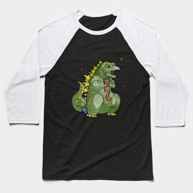 Godzilla loves Kittens Baseball T-Shirt by UntidyVenus